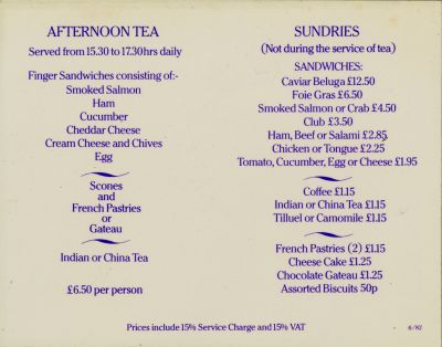 Palm Court Menu, the Ritz, London, June 1982